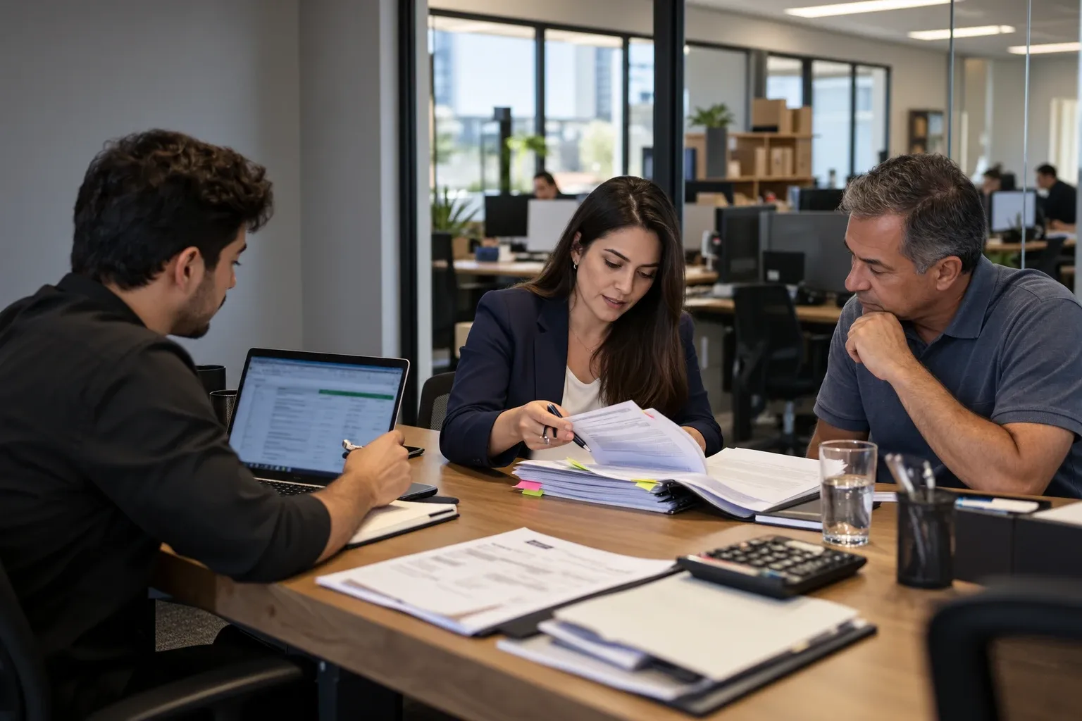 Advogada analisando contratos com dois representantes de uma empresa em uma sala de reunião
