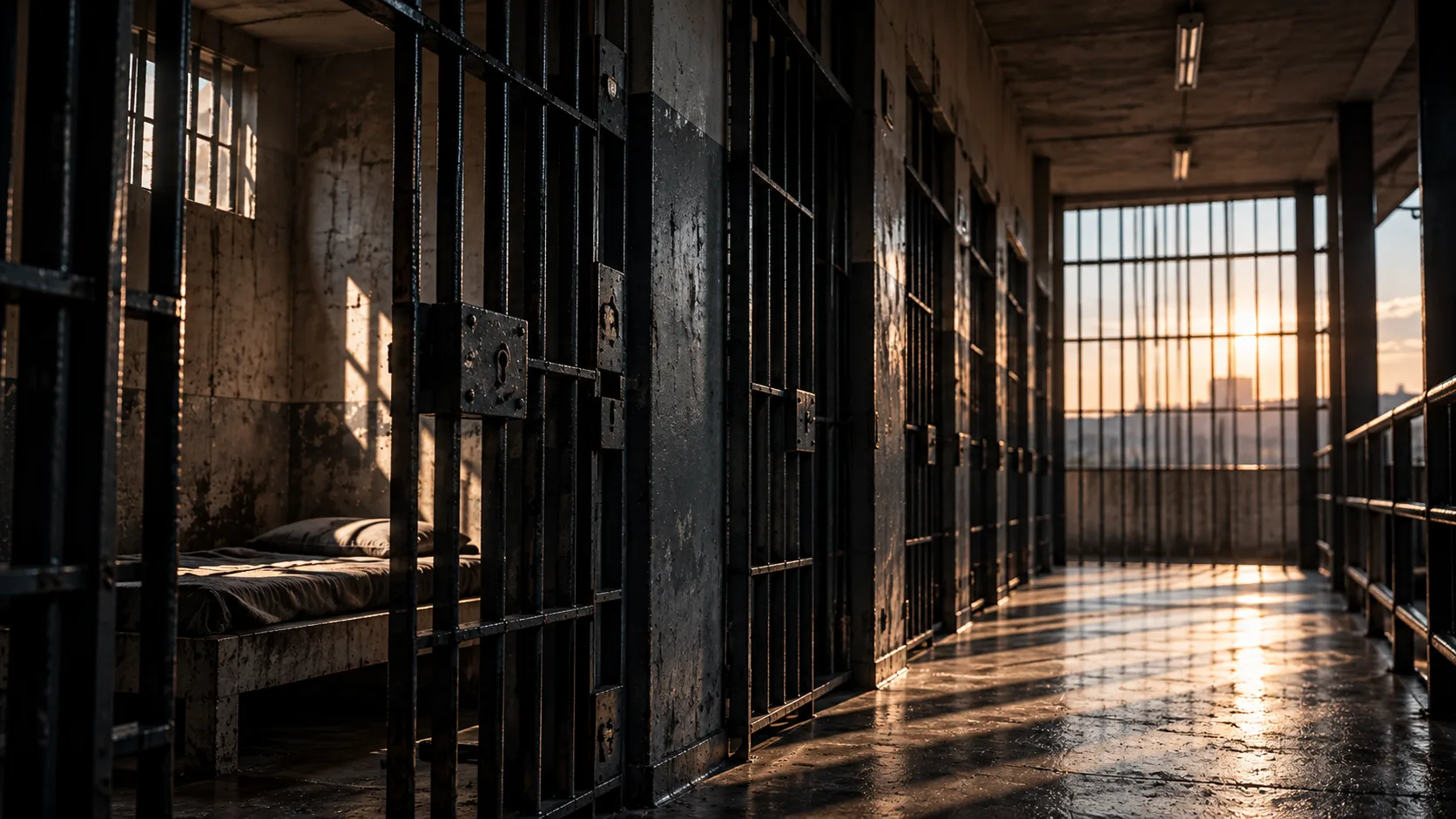 Corredor de uma penitenciária com celas de grades metálicas, paredes desgastadas e iluminação natural atravessando as janelas. Ao fundo, o pôr do sol projeta sombras sobre o piso de concreto, evidenciando o ambiente austero e as condições de confinamento.