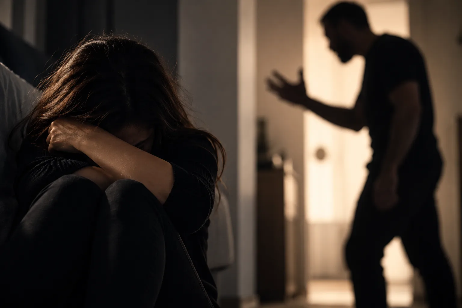 Mulher sentada no chão, encolhida e com o rosto apoiado sobre os braços, enquanto, ao fundo, a silhueta desfocada de um homem gesticula de forma agressiva. A cena ocorre em ambiente doméstico com pouca iluminação e transmite sensação de medo, tensão e vulnerabilidade.