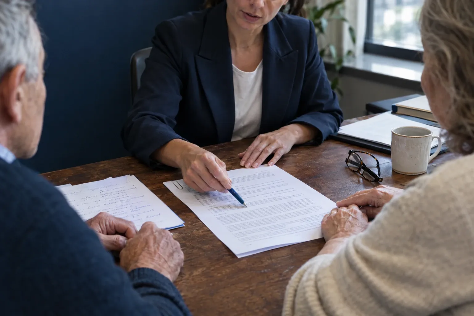 Advogada indicando com a caneta um trecho do contrato a um casal de clientes idosos, sobre a mesa de reunião