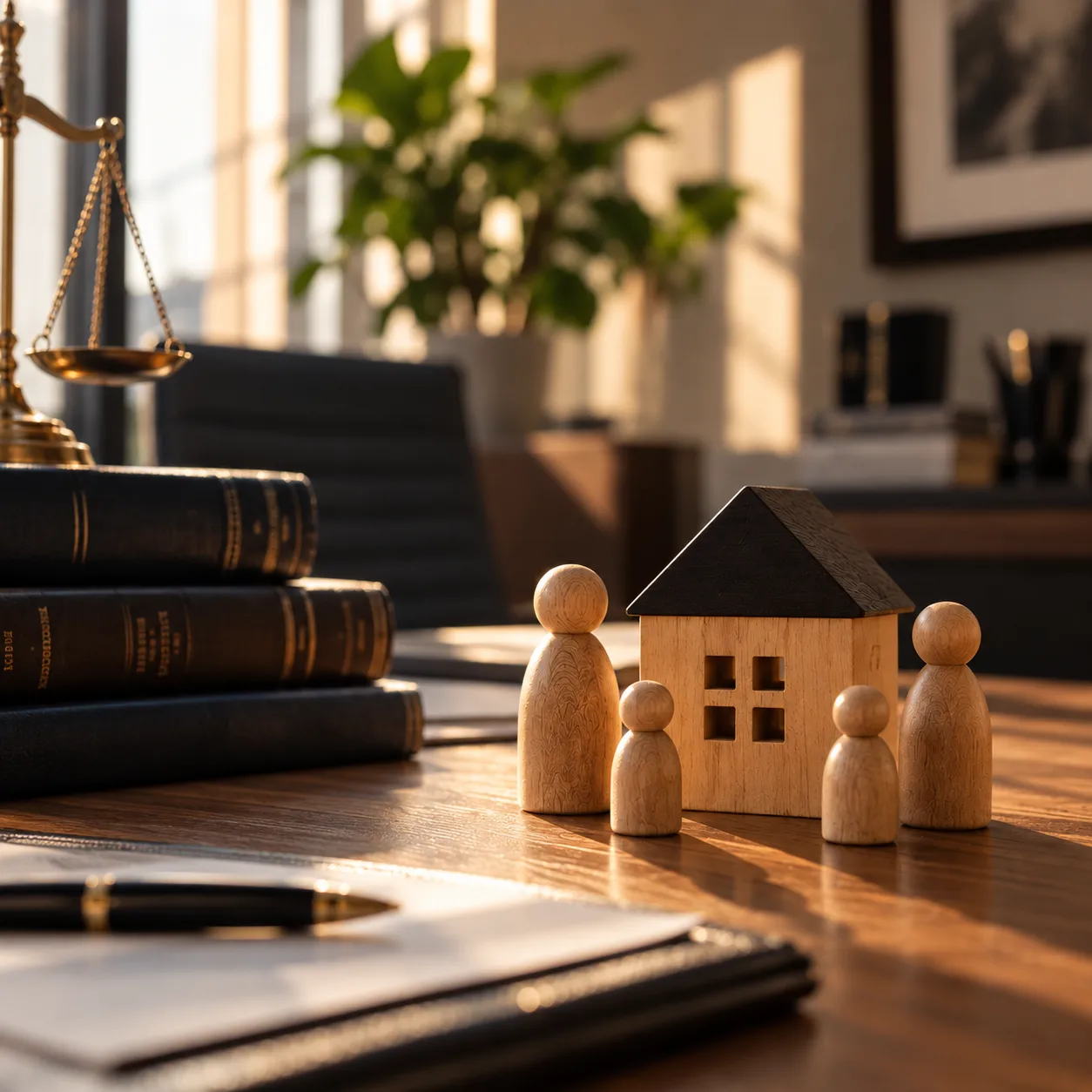 Escritório jurídico elegante, com livros de direito, balança da justiça e representação de uma família ao lado de uma casa.