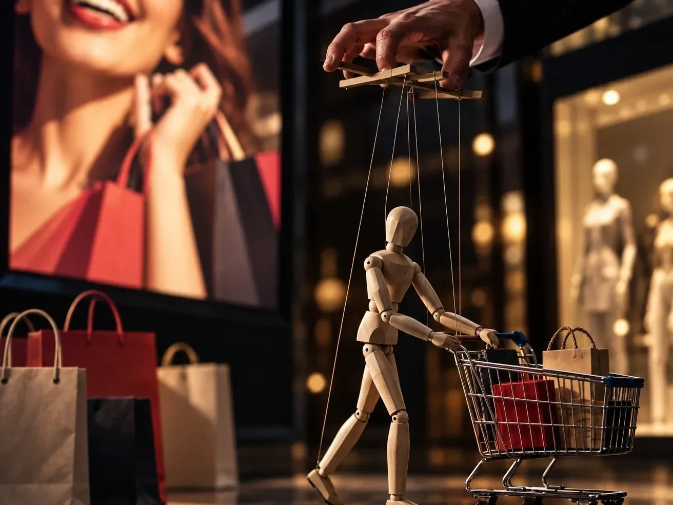 Boneco de madeira empurrando um carrinho de compras, conduzido por fios presos à mão de um homem de terno